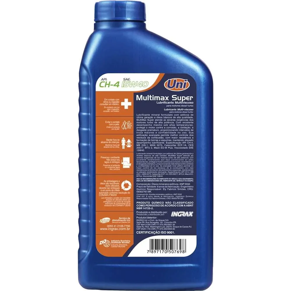 Óleo Ingrax Multimax Motor Diesel 15w40 01lt 